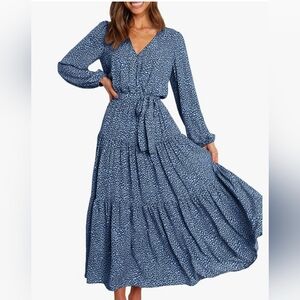 Blue And White Long Sleeve Maxi Dress